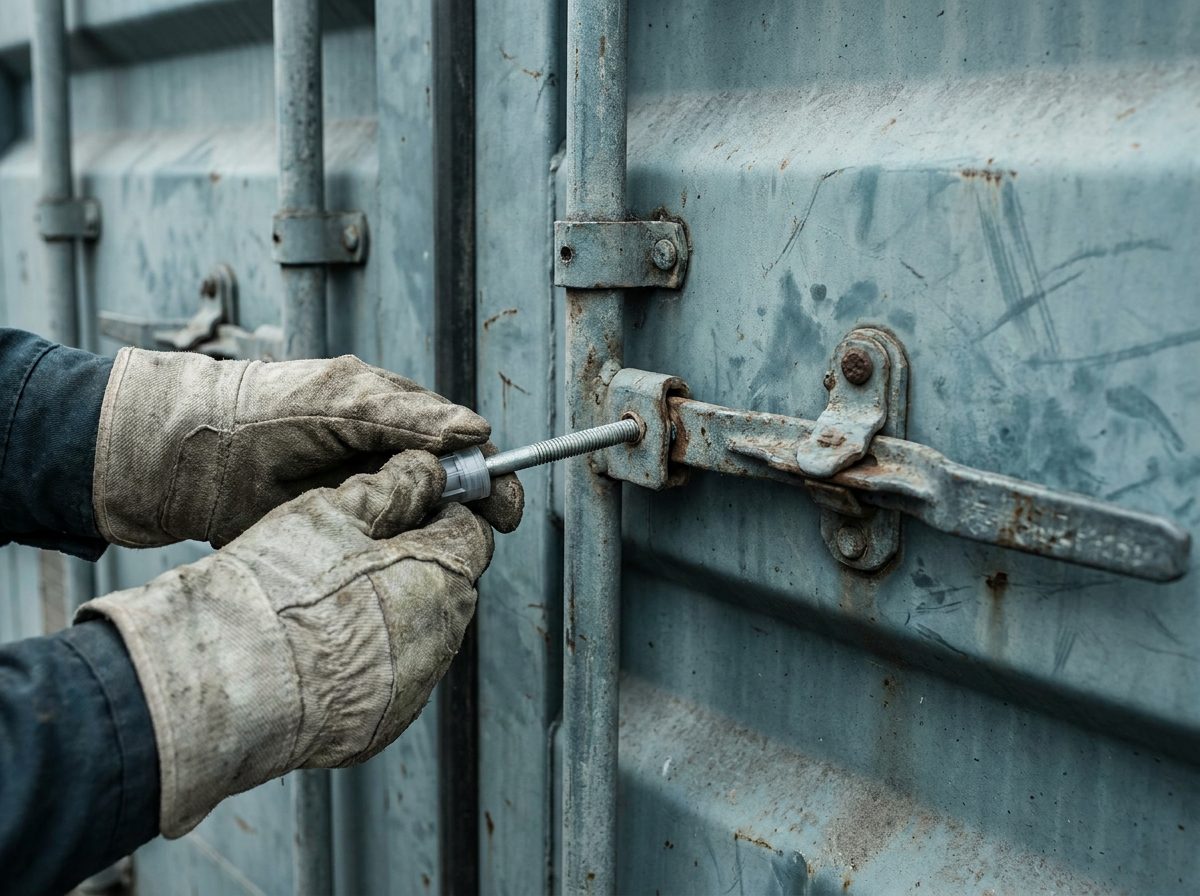 Hands placing a cargo seal on a container door latch