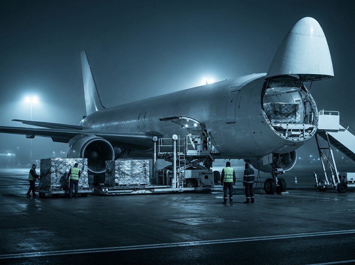 Air cargo freighter being loaded with palletized freight at night