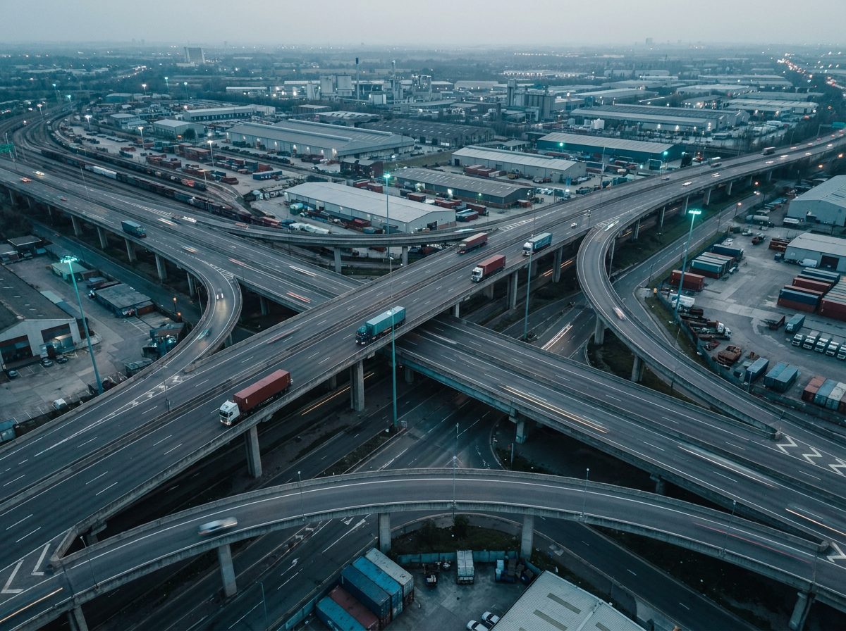 Highway interchange with container trucks crossing flyovers at dusk