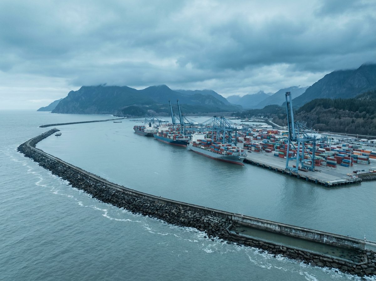 Aerial of a Pacific container port with breakwater and vessels at berth