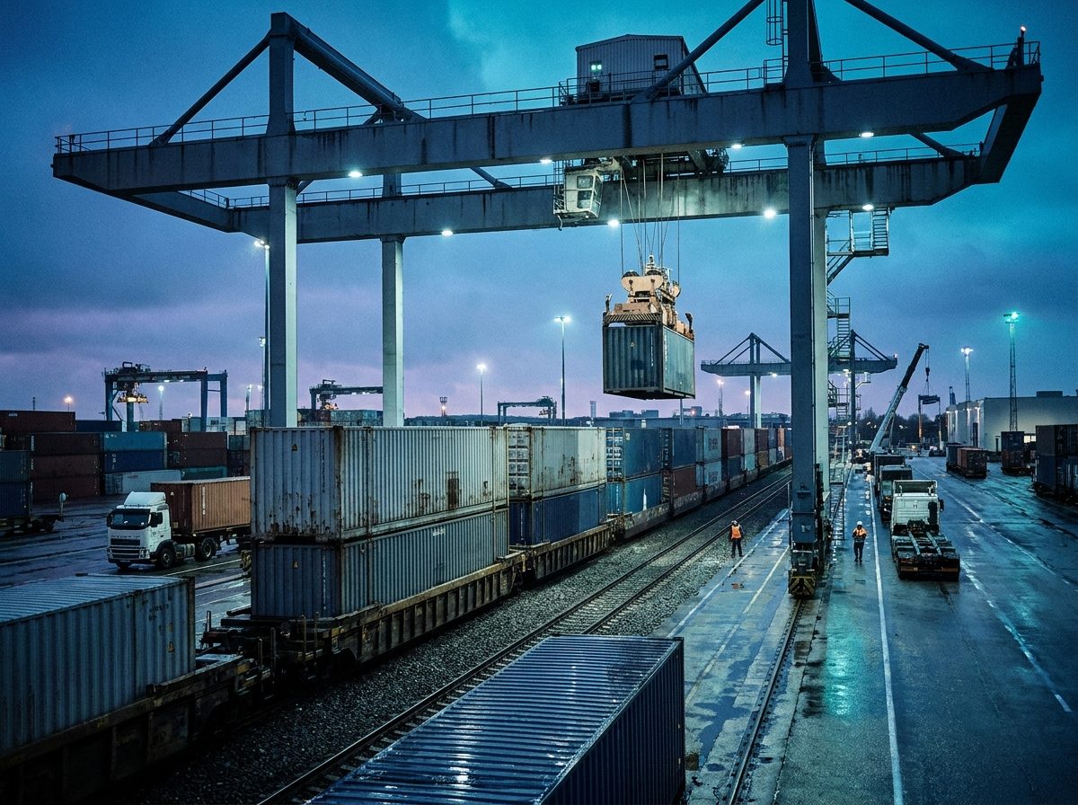 Intermodal rail yard with a double-stacked container freight train