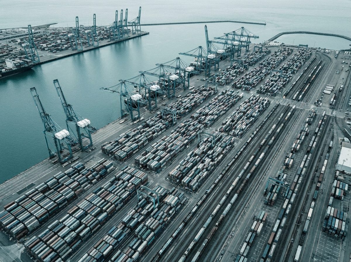 Aerial of a US West Coast container terminal with wharves and cranes