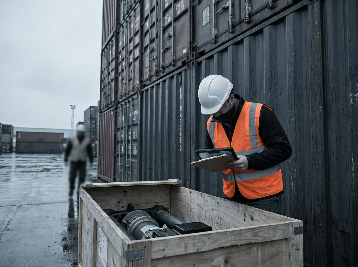 Logistics worker reviewing documentation beside containers at a port