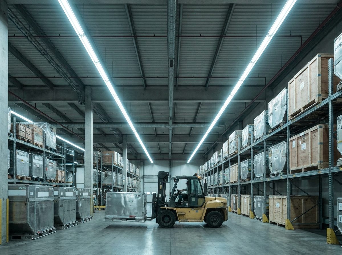 Air cargo warehouse with palletized ULD containers and a forklift